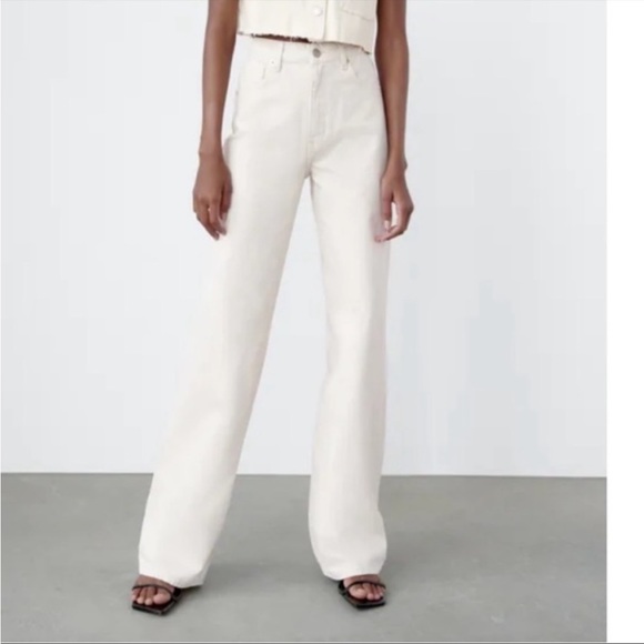 Women’s ZARA Ecru Cream Jeans Wide Straight Leg High Rise - Picture 1 of 8